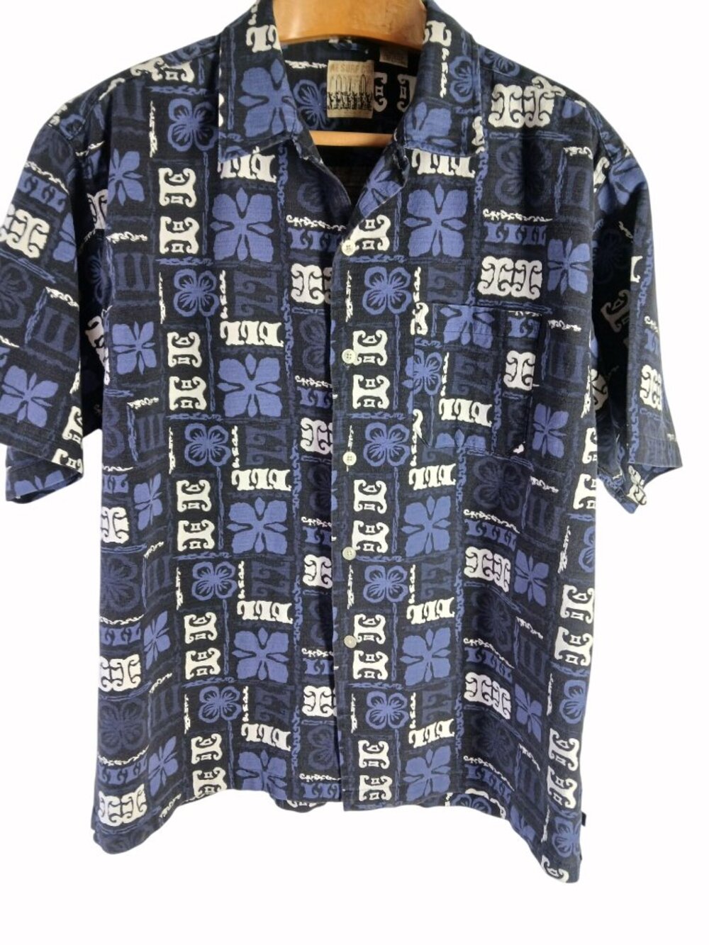 AE Surf Co Block Blue White Hawaiian Print Button Up Shirt Mens Size L Cotton